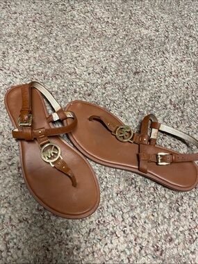 Michael Kors Brown Leather MK Logo Thong Sandals with Gold Hardware